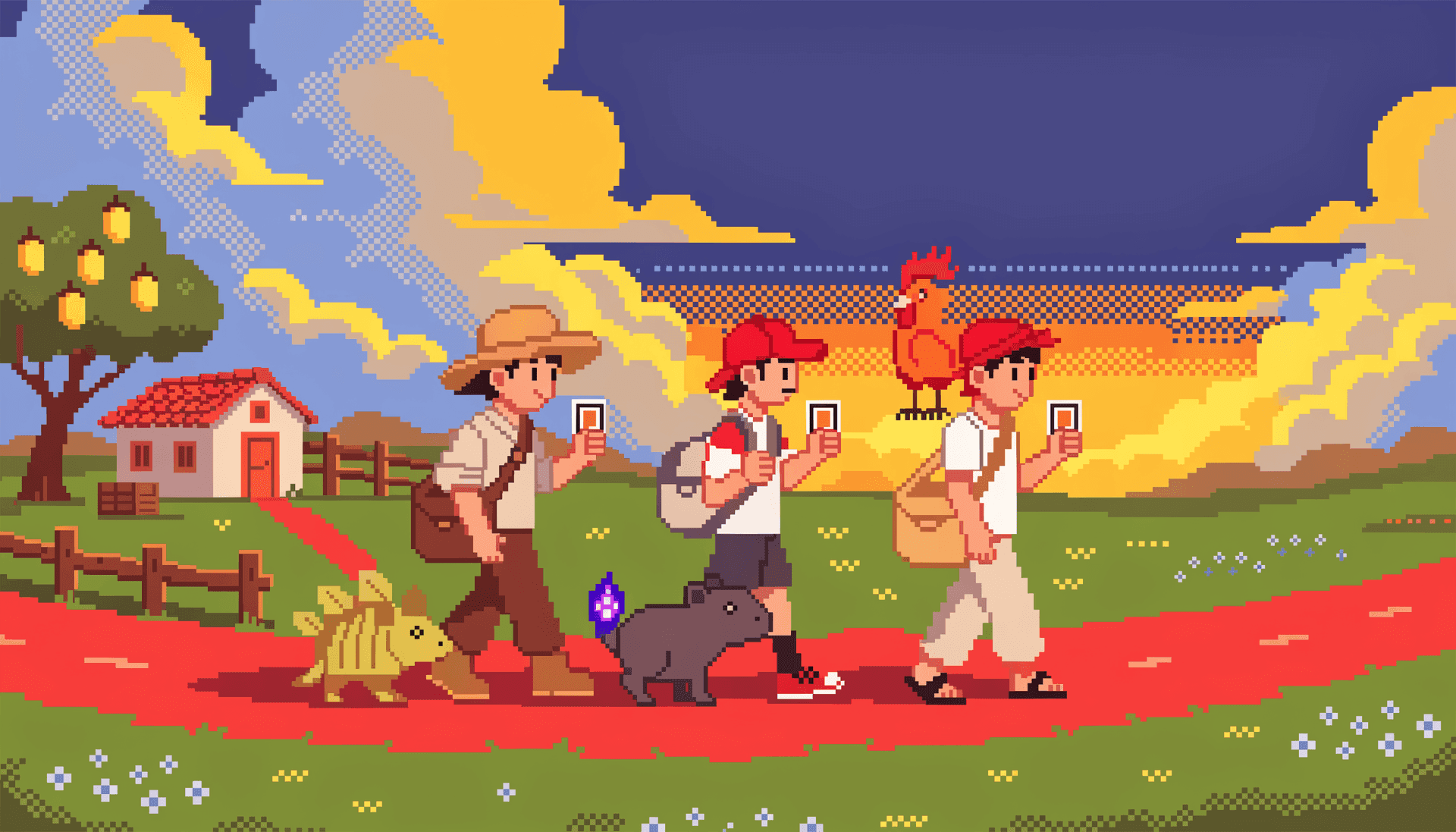 Os três cupinxas caminhando pela estrada de terra